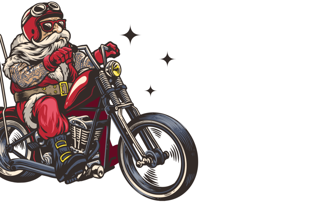 Illustration of tattooed Santa riding a motorcycle